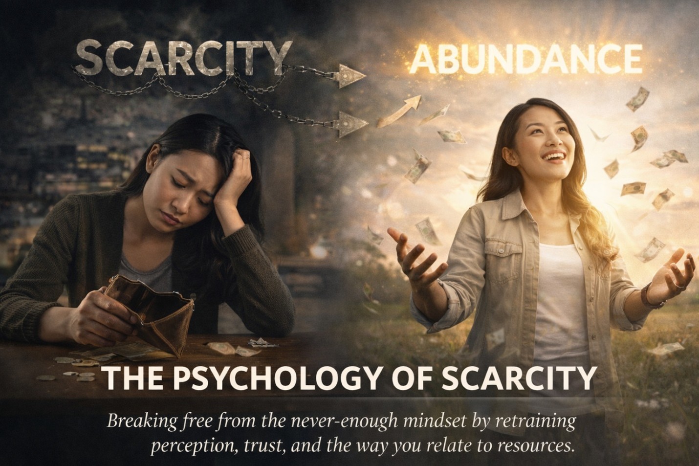 An empty wallet illustration representing scarcity thinking and financial stress